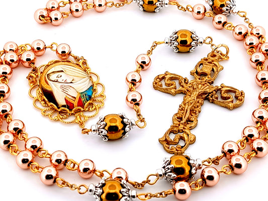 Virgin Mary unique rosary beads rose gold hematite gemstone rosary beads with antique gold crucifix.