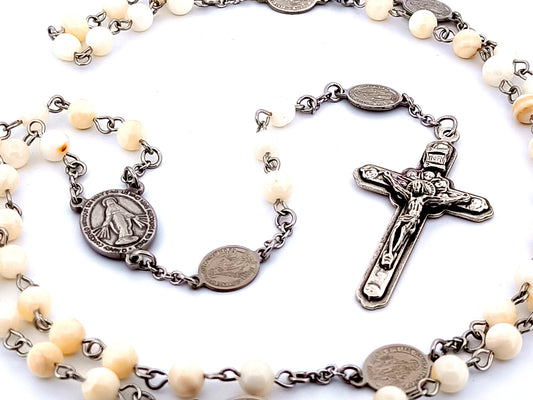 Miraculous medal unique rosary beads mother of pearl rosary beads with holy angels crucifix.
