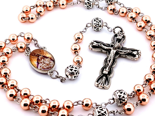 Our Lady of Divine Providence unique rosary beads rose gold hematite gemstone rosary beads with lily crucifix.
