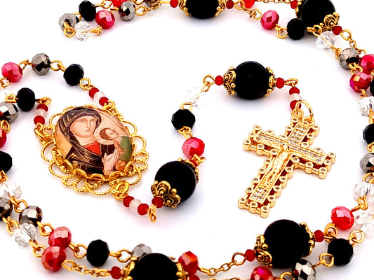 Our Lady of Perpetual Help unique rosary beads glass rosary beads with onyx gemstones and crystal crucifix.