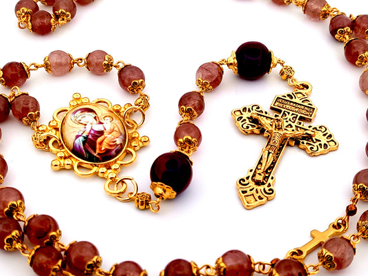 Our Lady of Perpetual Help unique rosary beads gemstone rosary beads with antique gold pardon crucifix.