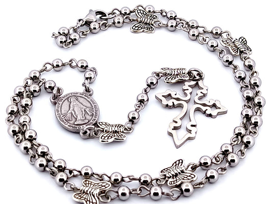 Miniature Miraculous medal unique rosary beads stainless steel wearable rosary bead necklace with silver butterfly beads.