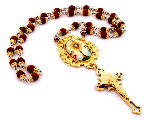 The Blessed Sacrament unique rosary beads gemstone prayer chaplet with Saint Benedict crucifix.