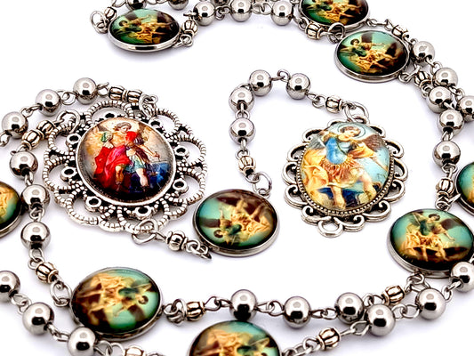 Saint Michael unique rosary beads stainless steel prayer chaplet with domed picture medal meditation beads.
