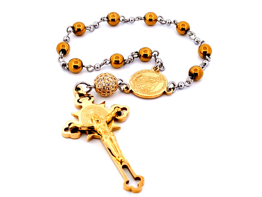 Miraculous medal unique rosary beads hematite gemstone single decade rosary beads with stainless steel Saint Benedict crucifix.