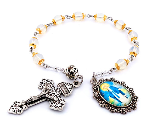 Our Lady of Grace unique rosary beads opal gemstone single decade rosary beads with pardon crucifix.