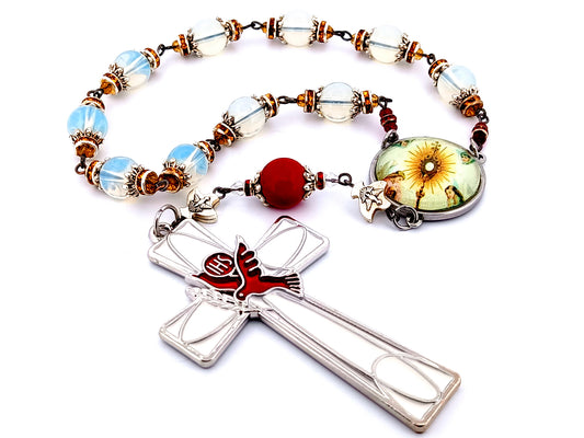 Blessed Sacrament unique rosary beads opal gemstone single decade rosary beads with Holy Spirit crucifix.