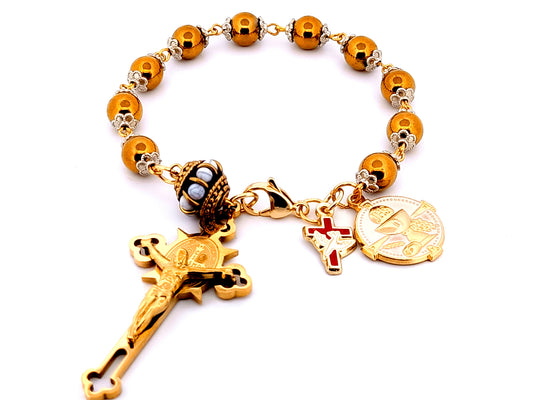 First Holy communion unique rosary beads gemstone single decade rosary beads with Saint Benedict crucifix.