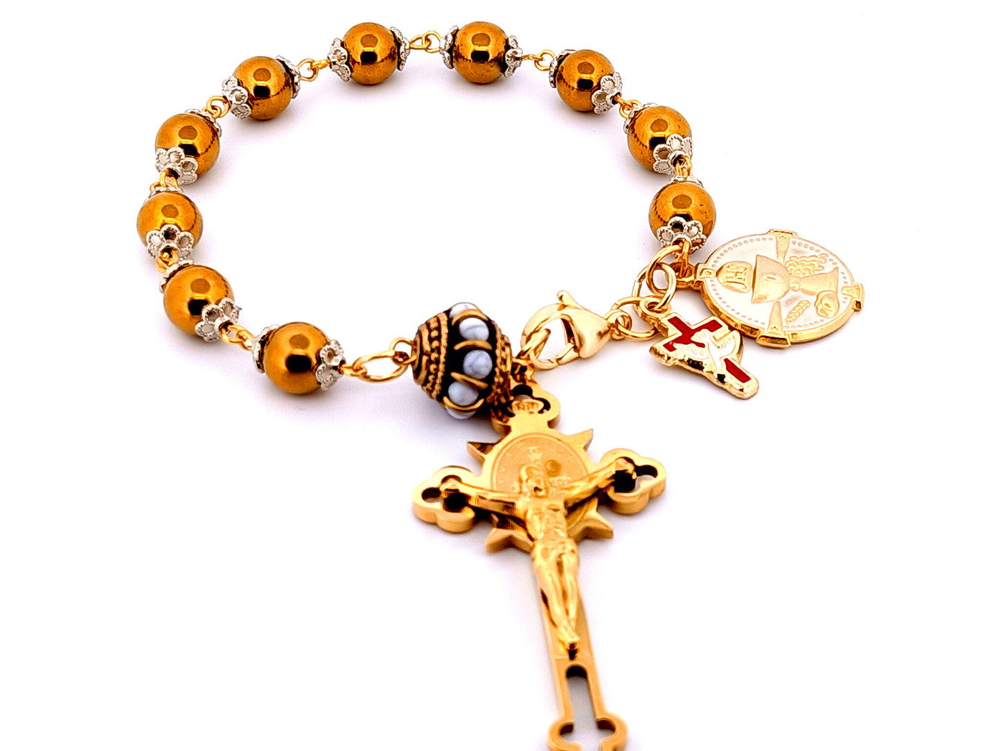 First Holy communion unique rosary beads gemstone single decade rosary beads with Saint Benedict crucifix.
