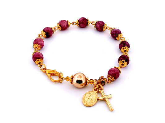 Miraculous medal unique rosary beads single decade purple agate gemstone rosary bracelet with gold crucifix.