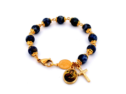 Our Lady of Perpetual Help unique rosary beads single decade gemstone rosary bracelet with gold Miraculous medal.