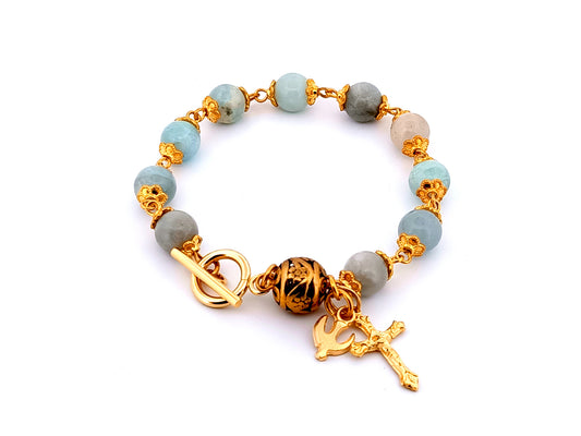 Holy Spirit single decade unique rosary beads gemstone rosary bracelet with gold plated mini crucifix.