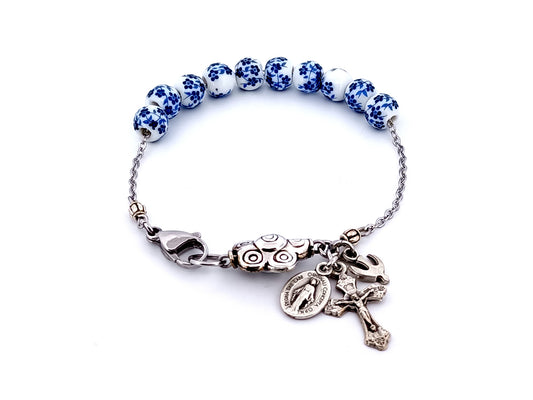 Miraculous medal porcelain single decade gemstone rosary bracelet with Holy Spirit mini medal.
