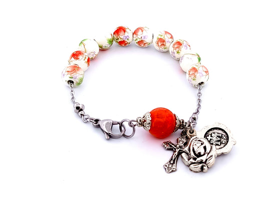 Miraculous medal unique rosary beads flower locket single decade porcelain and gemstone rosary bracelet.