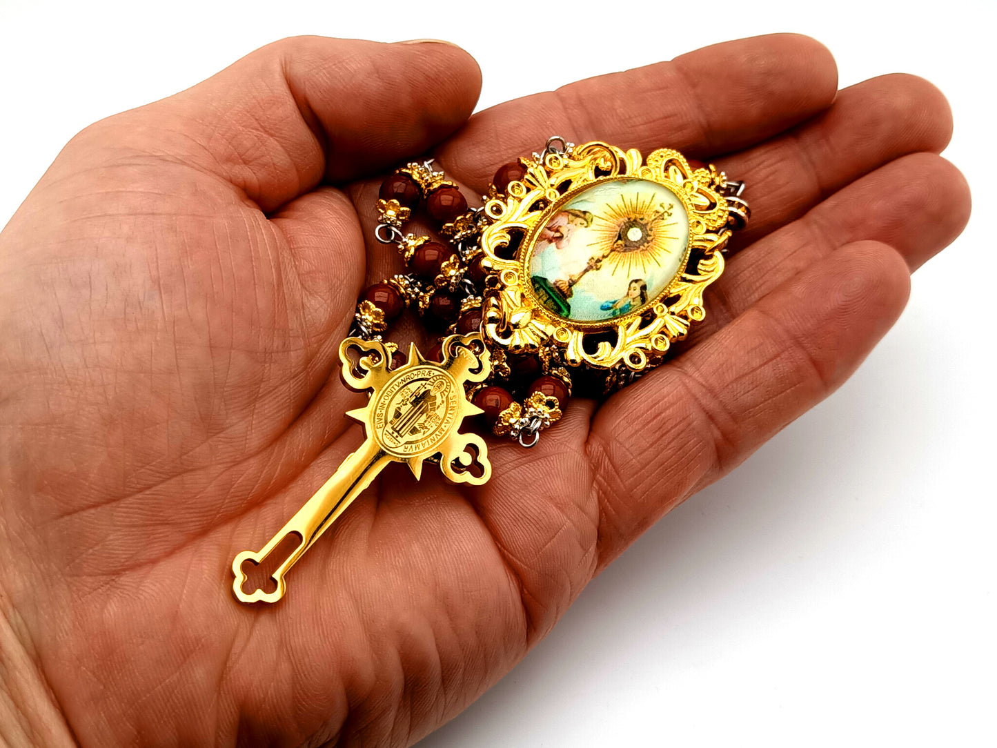 The Blessed Sacrament unique rosary beads gemstone prayer chaplet with Saint Benedict crucifix.