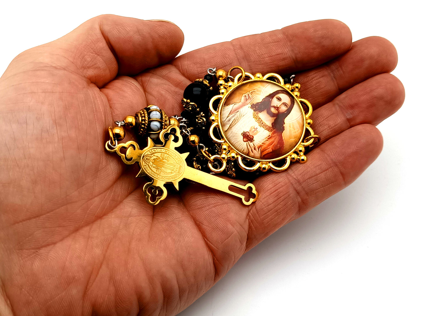 Sacred Heart of Jesus unique rosary beads onyx gemstone single decade rosary beads with Saint Benedict stainless steel crucifix.