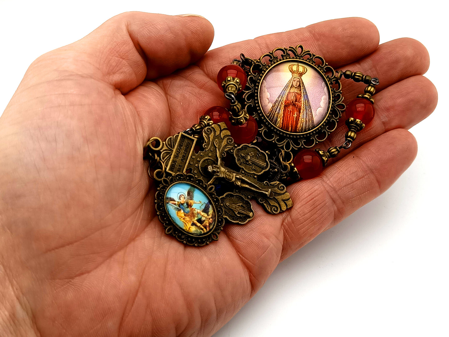 Our Lady of Charity unique rosary beads vintage style gemstone single decade rosary beads with Saint Michael medal and pardon crucifix.