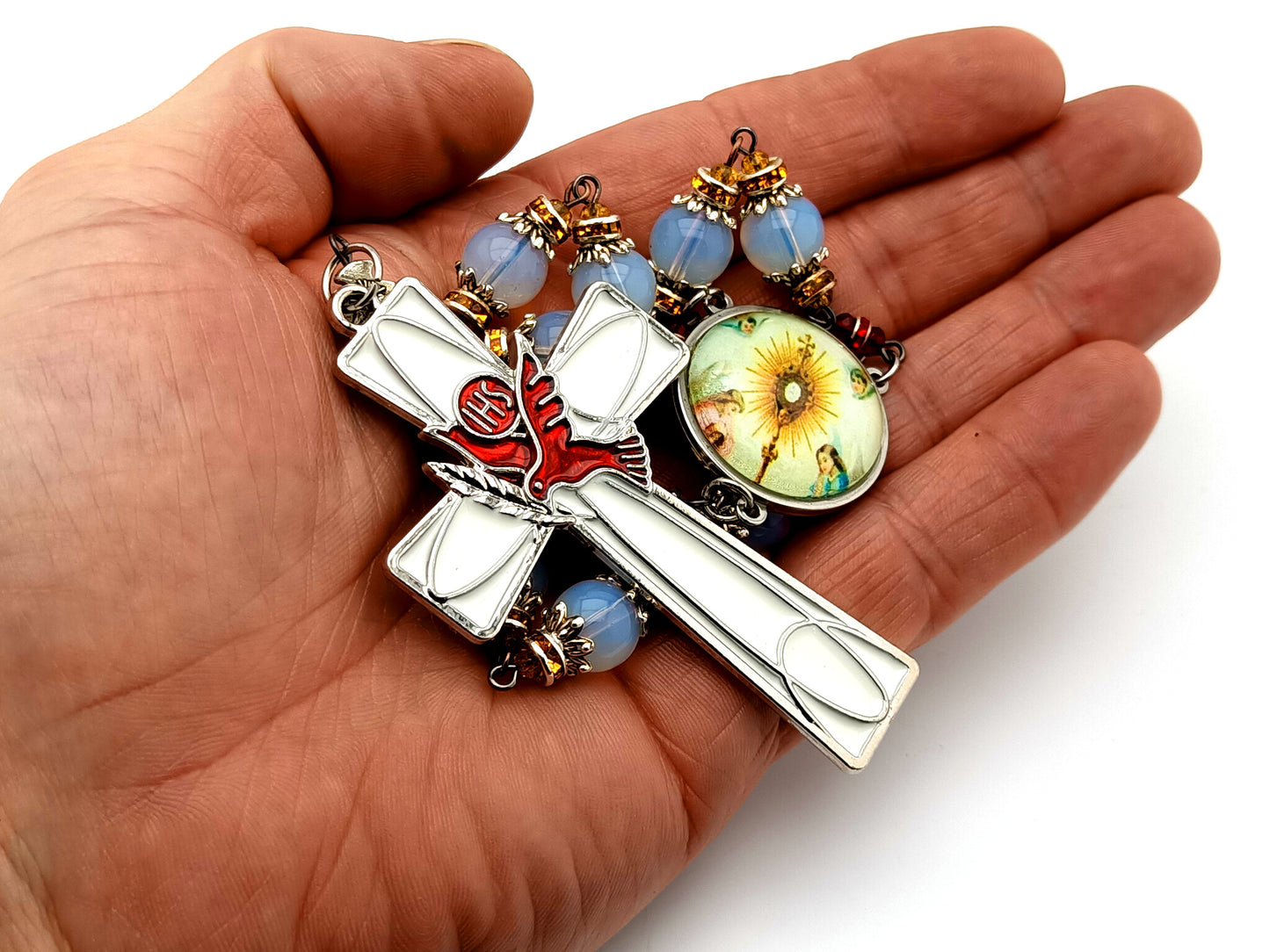 Blessed Sacrament unique rosary beads opal gemstone single decade rosary beads with Holy Spirit crucifix.