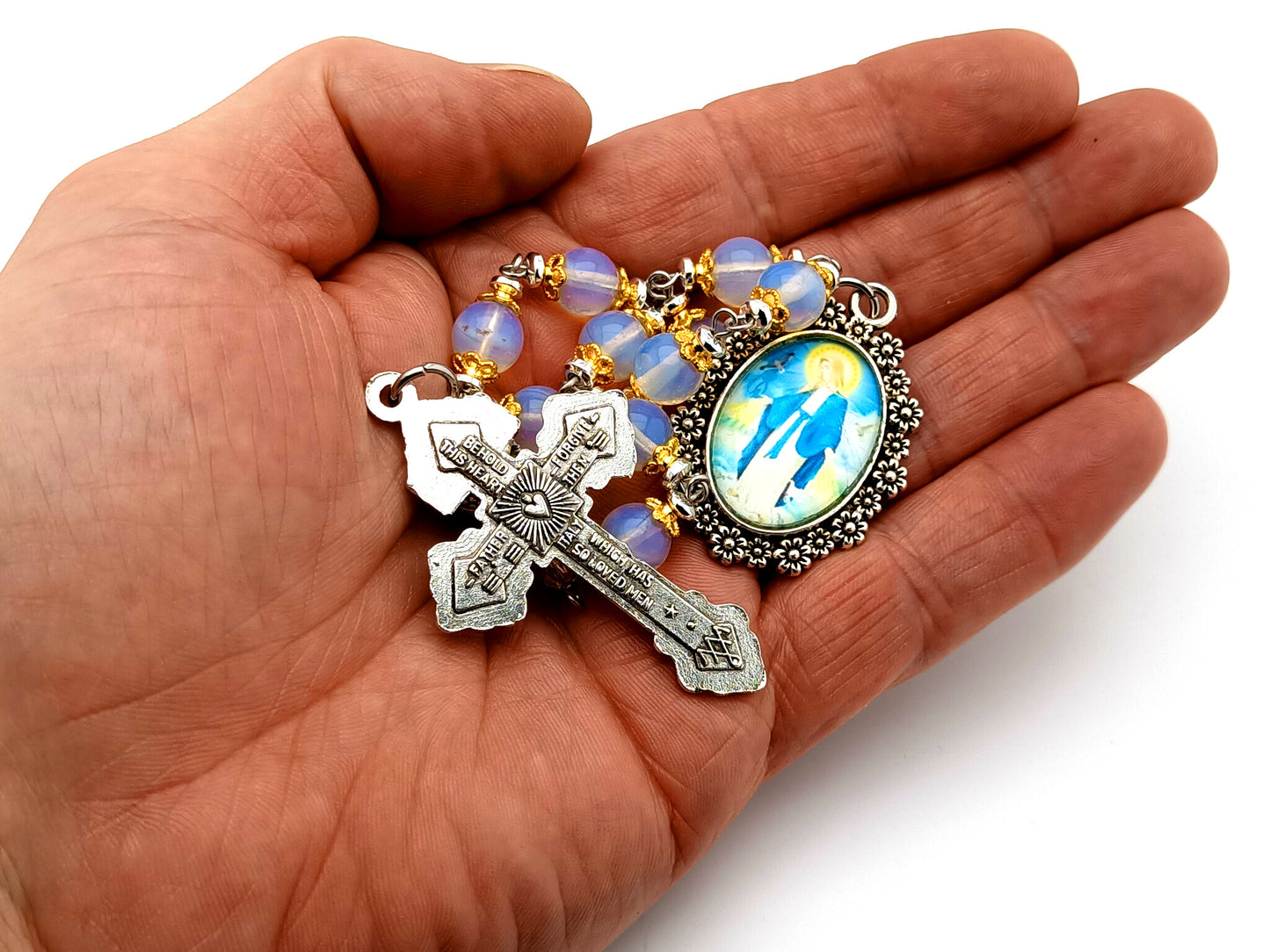 Our Lady of Grace unique rosary beads opal gemstone single decade rosary beads with pardon crucifix.