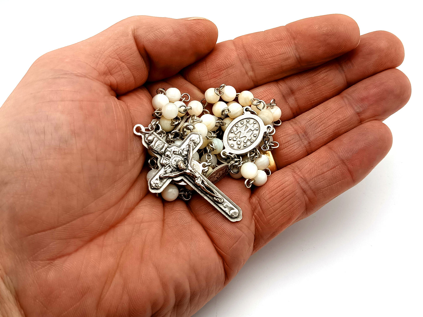 Miraculous medal unique rosary beads mother of pearl rosary beads with holy angels crucifix.