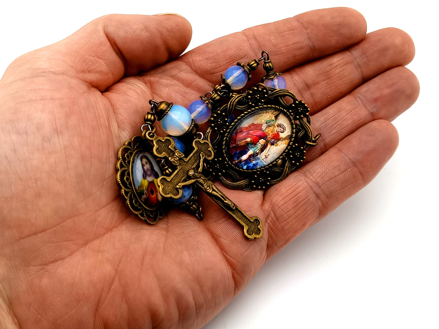 Saint Michael unique rosary beads vintage style gemstone single decade rosary beads with Sacred Heart medal.