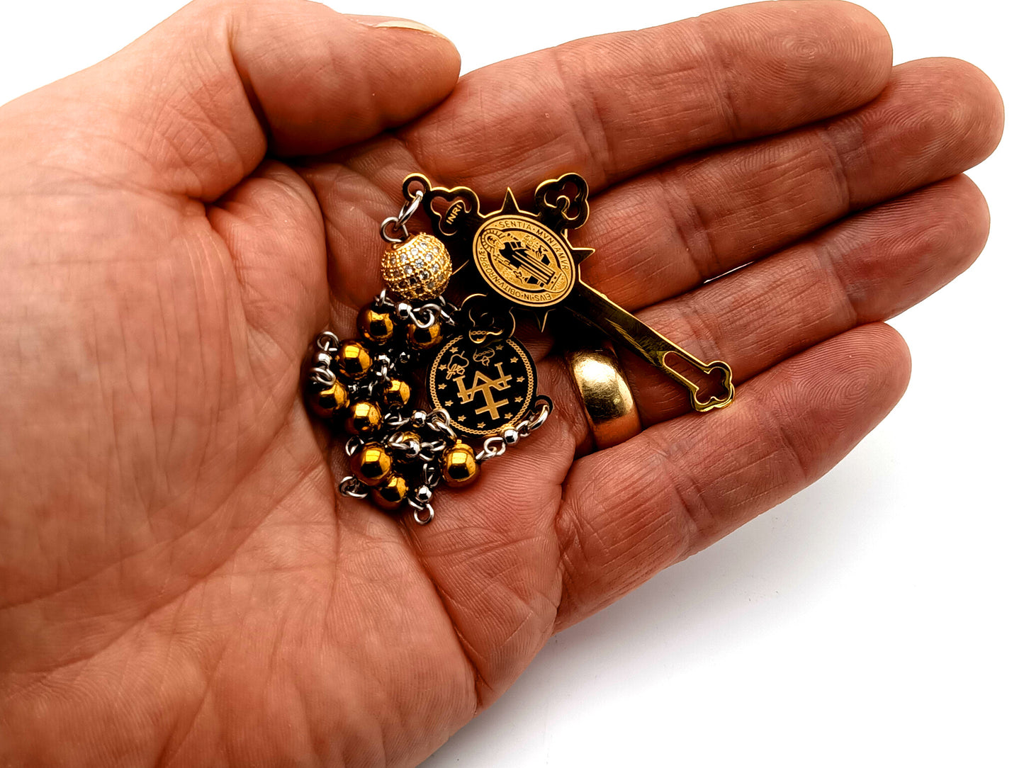 Miraculous medal unique rosary beads hematite gemstone single decade rosary beads with stainless steel Saint Benedict crucifix.