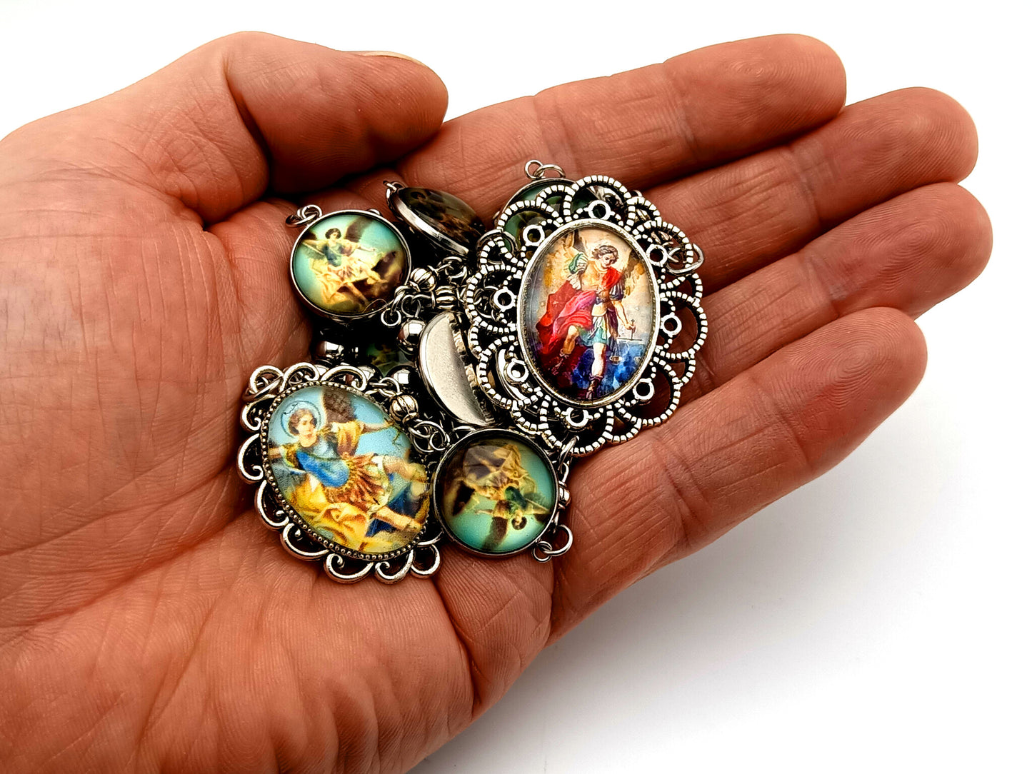 Saint Michael unique rosary beads stainless steel prayer chaplet with domed picture medal meditation beads.