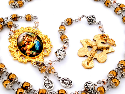Virgin Mary and child Jesus unique rosary beads gold hematite gemstone rosary beads with stainless steel pardon crucifix.
