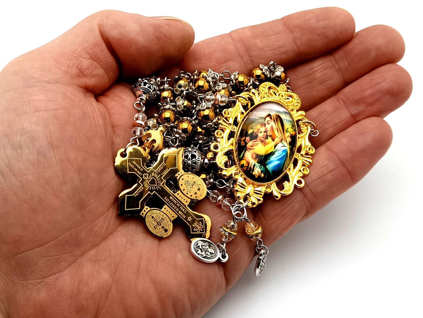 Virgin Mary and child Jesus unique rosary beads gold hematite gemstone rosary beads with stainless steel pardon crucifix.