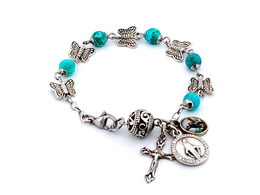 Miraculous medal unique rosary beads single decade gemstone and butterfly rosary bracelet with Saint Michael medal.