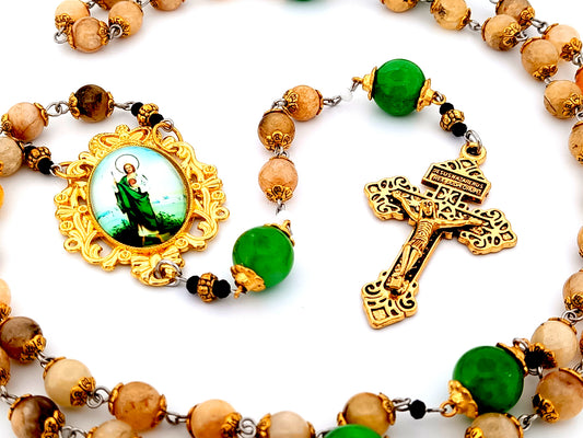 Saint Jude jasper unique rosary beads gemstone rosary beads with antique gold pardon crucifix.
