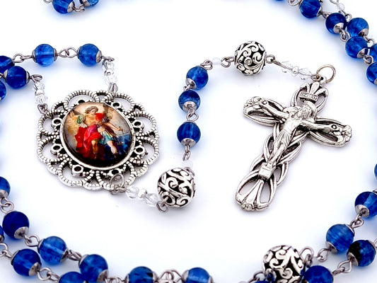 Saint Michael unique rosary beads glass rosary beads with silver filigree beads and lily crucifix