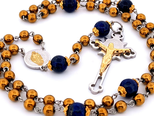Saint Benedict unique rosary beads lapis lazuli and hematite gemstone rosary beads Saint Benedict crucifix.