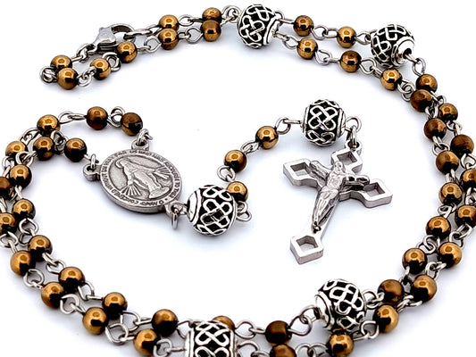 Miniature Miraculous medal unique rosary beads bronze hematite gemstone wearable rosary bead necklace with Saint Benedict crucifix.