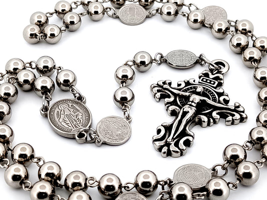 Miraculous medal unique rosary beads stainless steel large rosary beads with Saint Benedict medals and scroll crucifix.