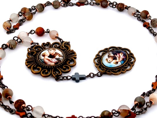 Vintage style Saint Anthony of Padua unique rosary beads gemstone prayer chaplet with hematite linking crosses.