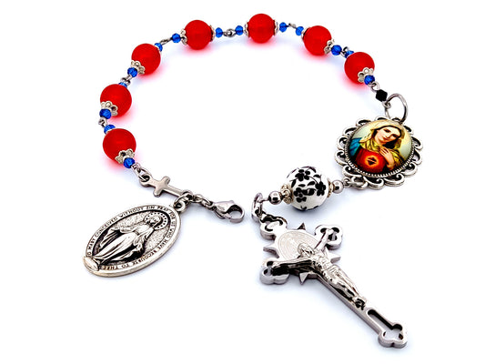 Our Lady of Sorrows unique rosary beads Servite dolor ruby prayer chaplet beads with Miraculous medal and Saint Benedict crucifix.