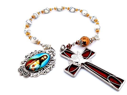 Sacred Heart of Jesus unique rosary beads howlite gemstone single decade rosary beads with Holy Spirit crucifix.
