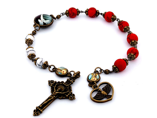 Vintage style Holy Spirit unique rosary beads gemstone prayer chaplet with brass Immaculate Heart picture medals.