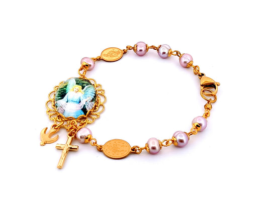Guardian Angel unique rosary beads freshwater pearl bracelet with gold Miraculous medals and Holy Spirit medal.