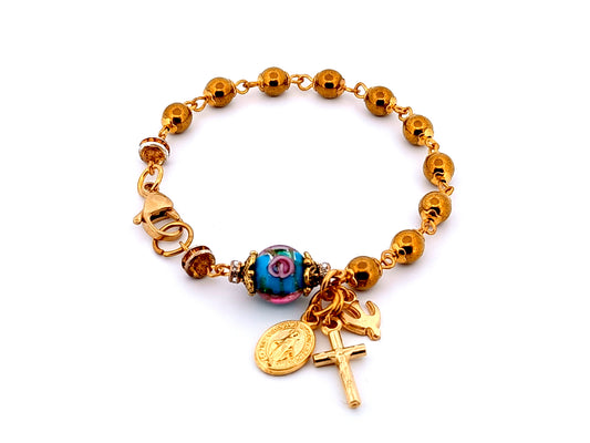 Holy Spirit unique rosary beads and Miraculous medal gemstone and glass single decade rosary bracelet.