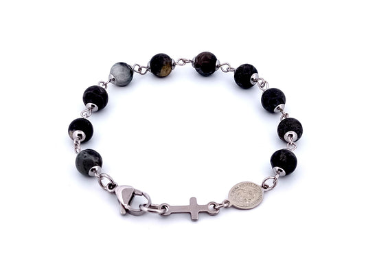 Miraculous medal unique rosary beads gemstone single decade men's rosary bracelet with stainless steel cross.