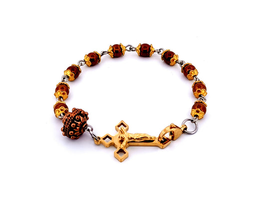 Saint Benedict unique rosary beads gemstone single decade rosary bracelet with copper Bali style bead.