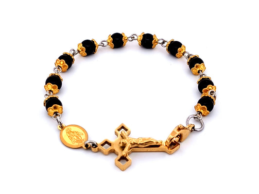 Miraculous medal unique rosary beads onyx gemstone single decade rosary bracelet with Saint Benedict linking crucifix.