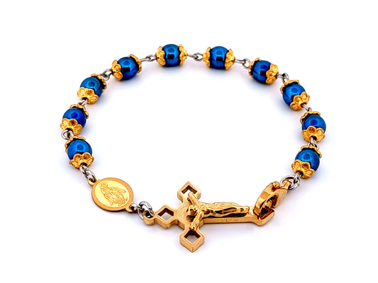 Miraculous medal unique rosary beads hematite gemstone single decade rosary bracelet with linking Saint benedict crucifix.