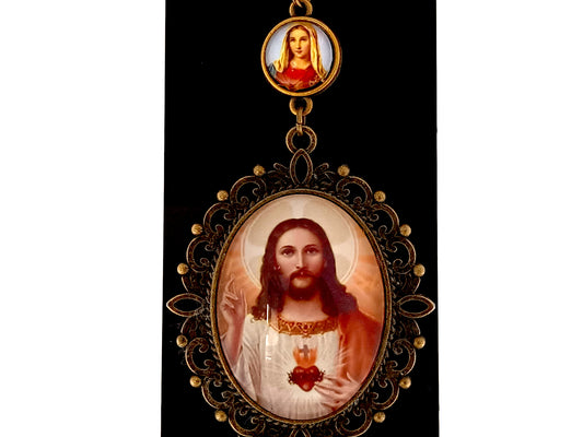 Large Sacred Heart of Jesus unique rosary beads and Immaculate Heart of Mary domed picture medal key fob.