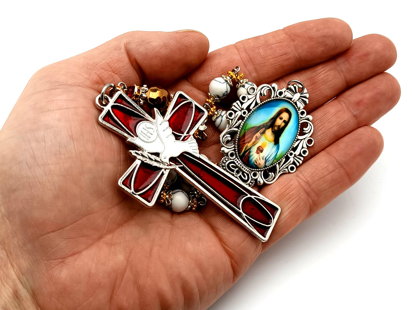 Sacred Heart of Jesus unique rosary beads howlite gemstone single decade rosary beads with Holy Spirit crucifix.