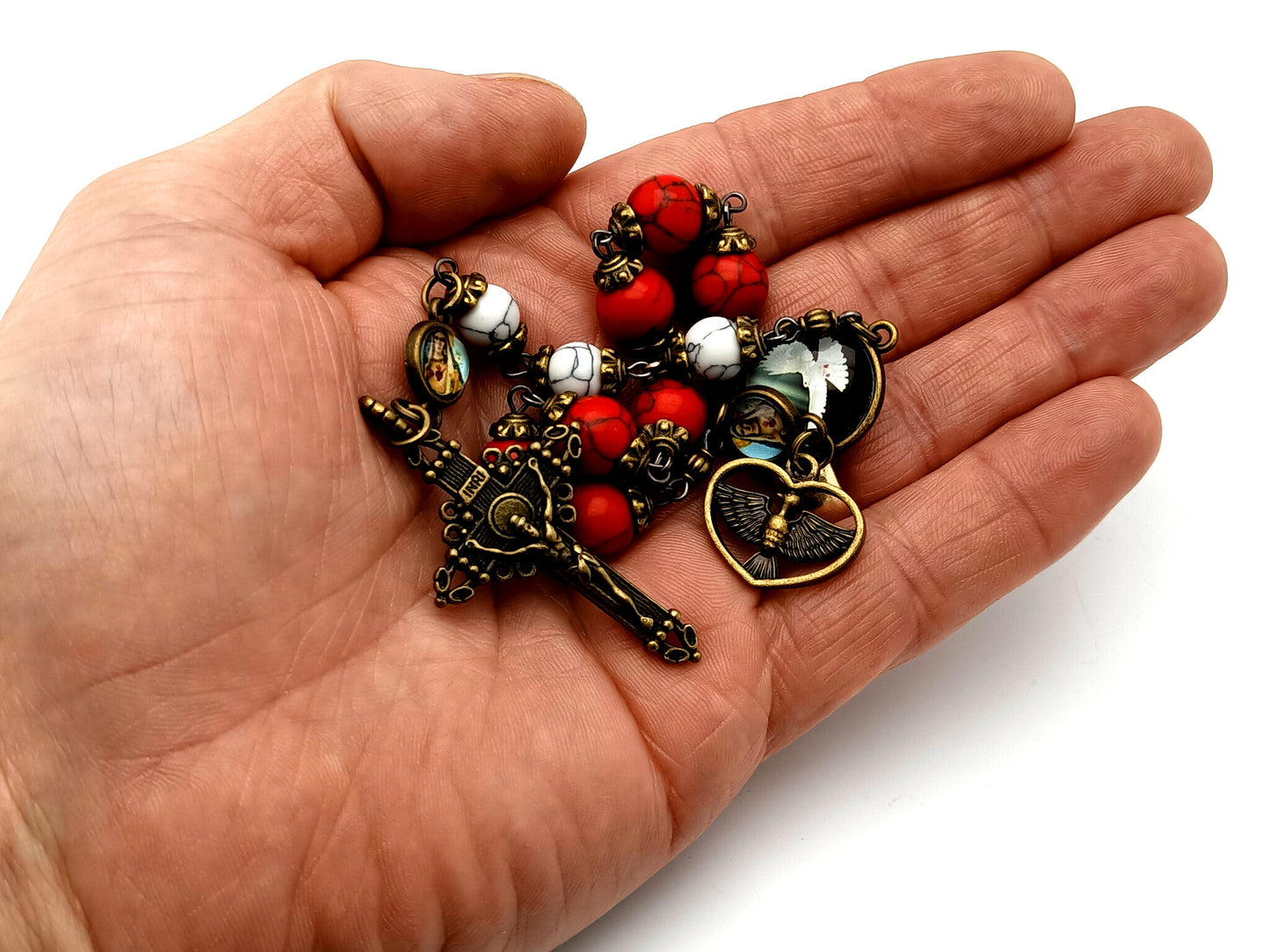 Vintage style Holy Spirit unique rosary beads gemstone prayer chaplet with brass Immaculate Heart picture medals.