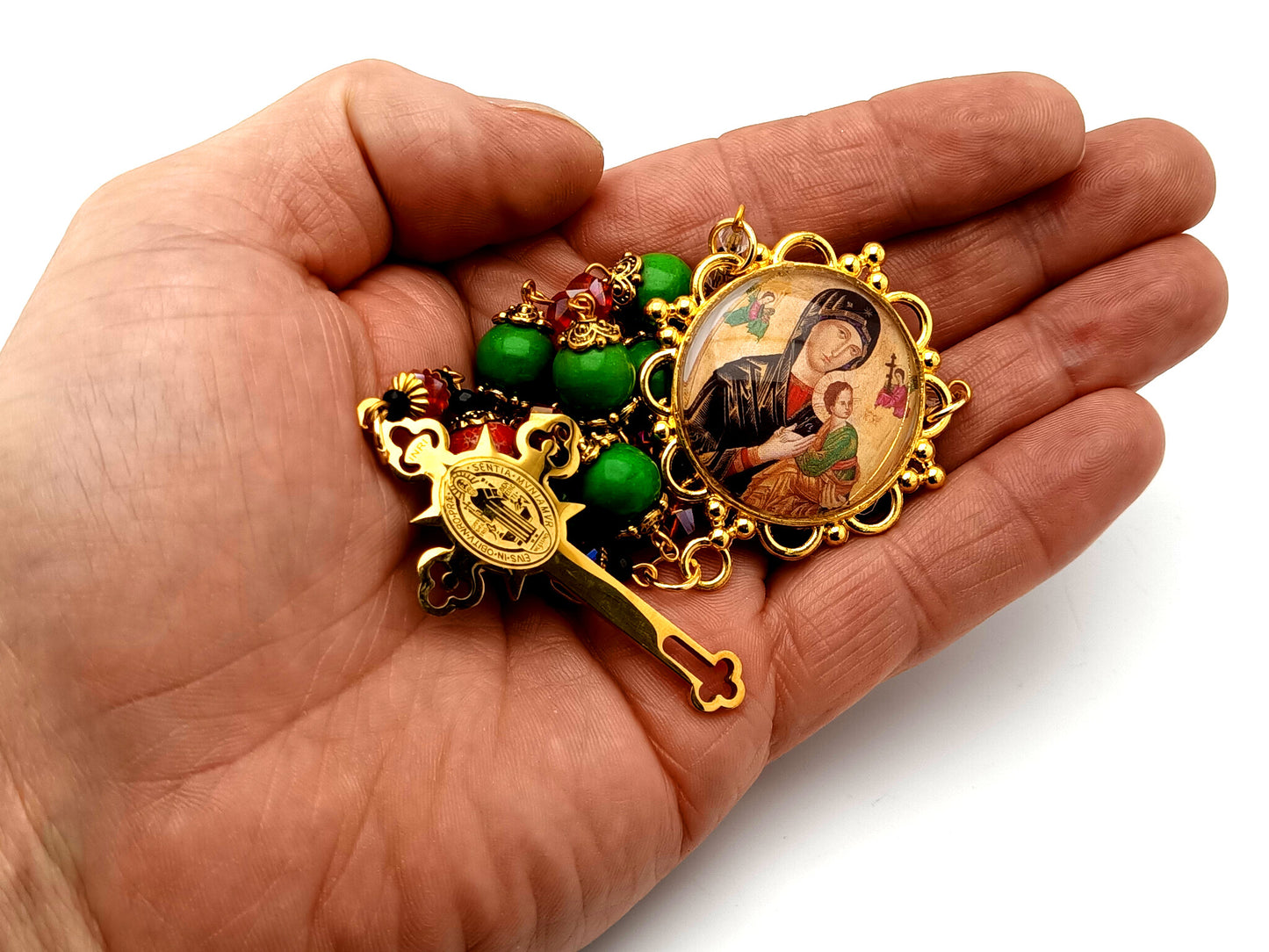 Our Lady of Perpetual Succor unique rosary beads gemstone large single decade rosary beads with Saint Benedict crucifix.