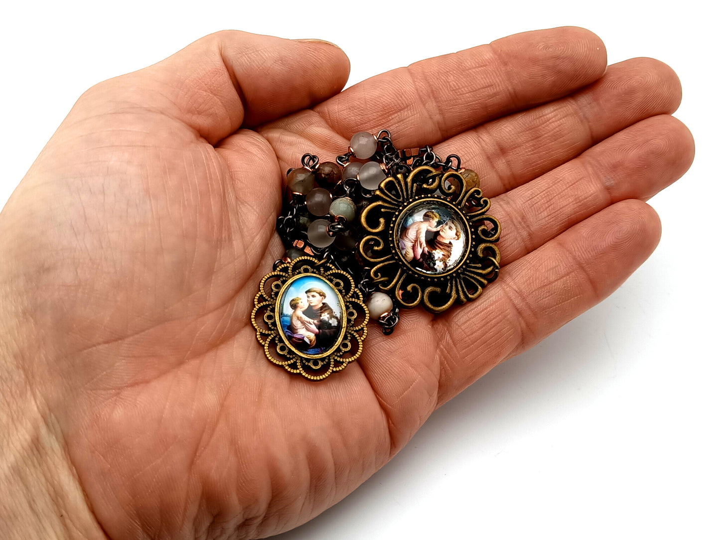 Vintage style Saint Anthony of Padua unique rosary beads gemstone prayer chaplet with hematite linking crosses.